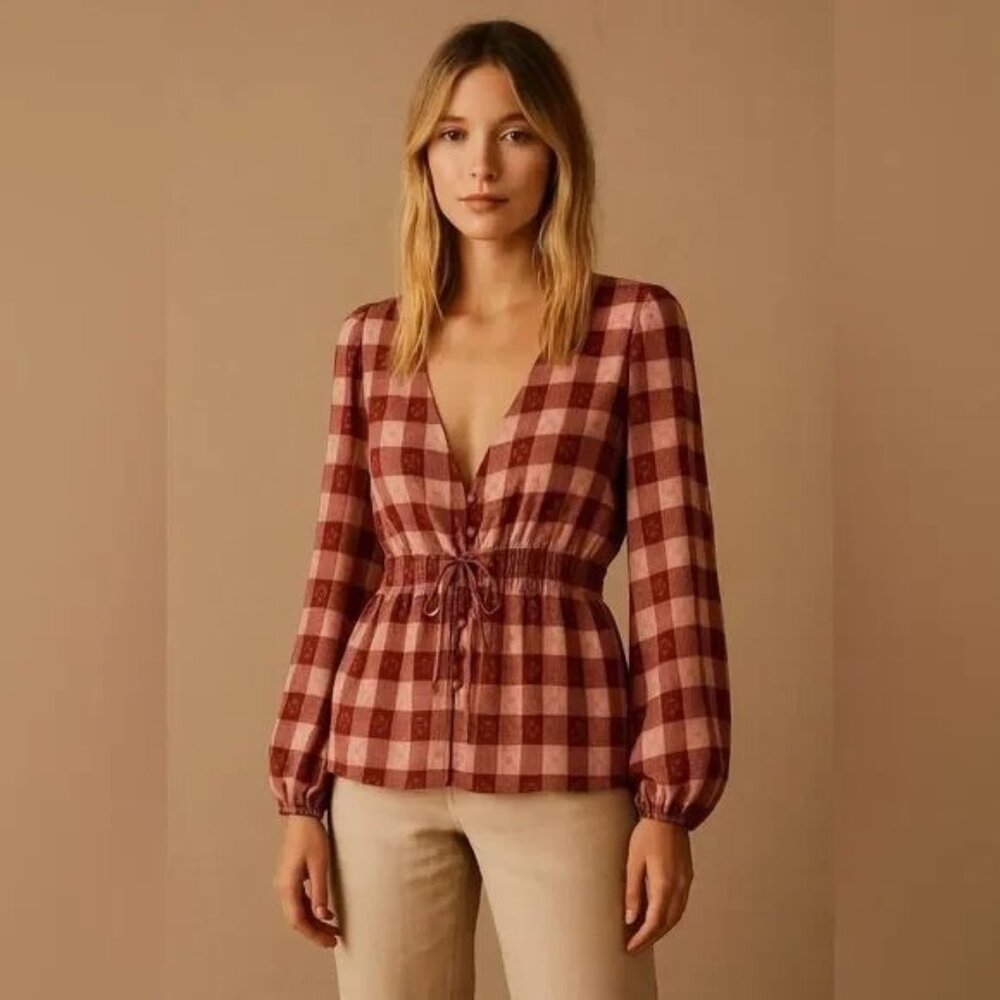Anthropologie Plaid Deep V-neck Long Sleeve Blouse, Size Small, Red Motif